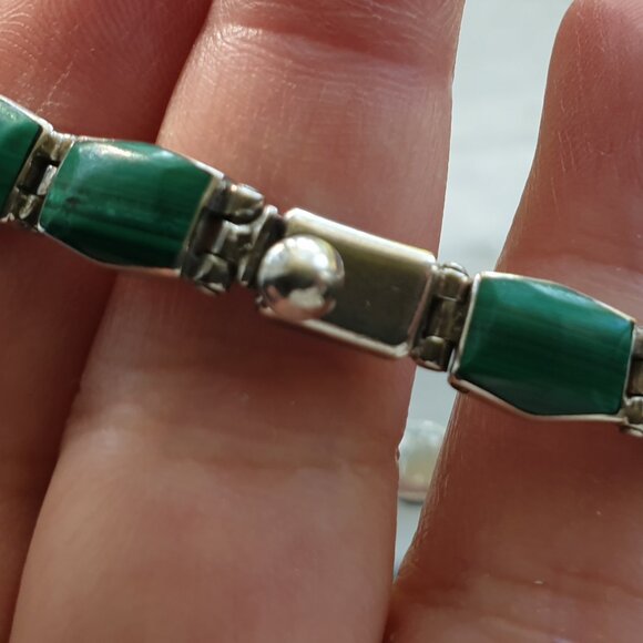 Beautiful Vintage Taxco Mexico 950 Solid Silver Natural Malachite Link Bracelet - Picture 6 of 12